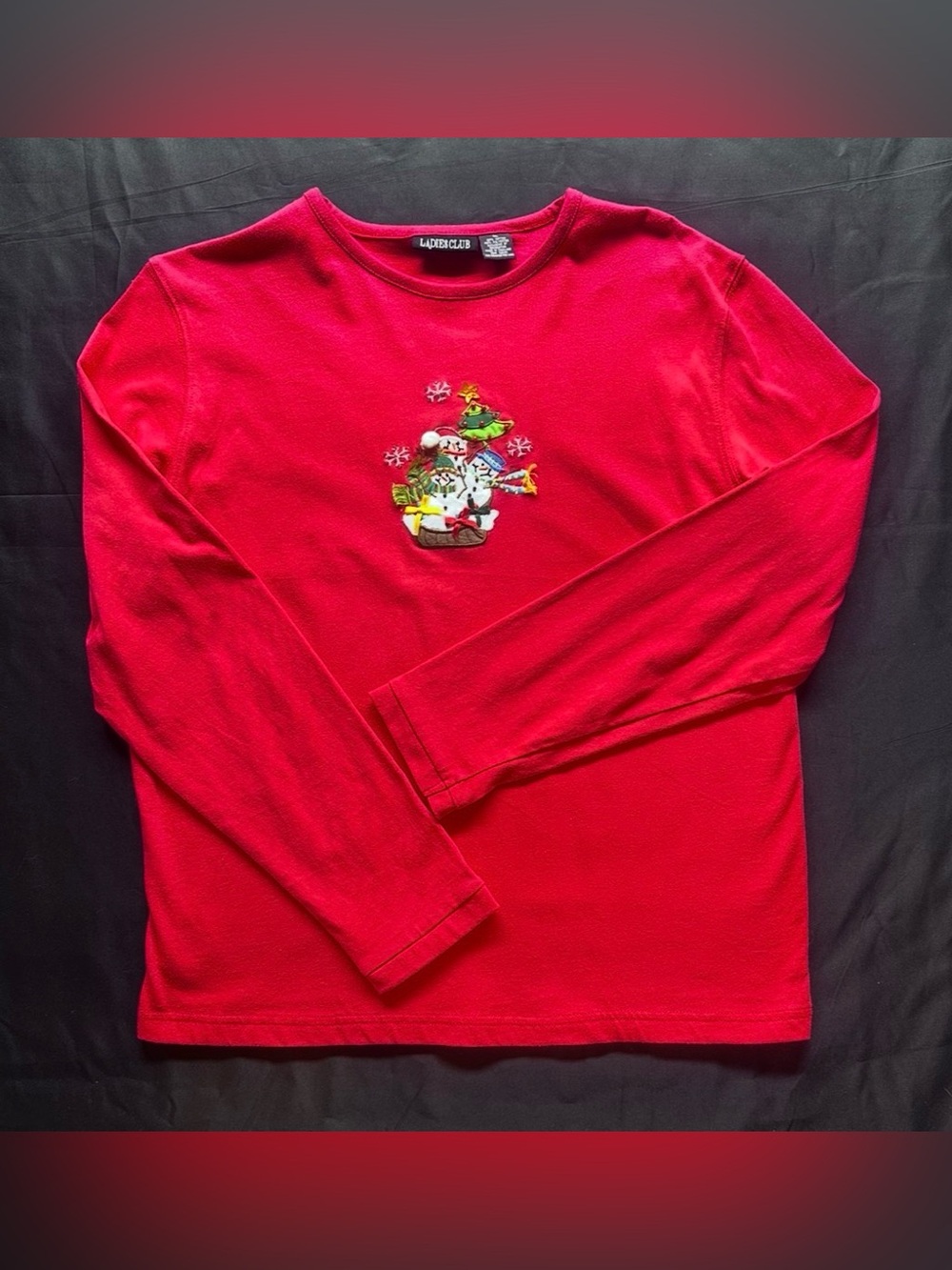 #C-25 Lands' End Red Long-Sleeve Holiday Embroidered Snowman Tee